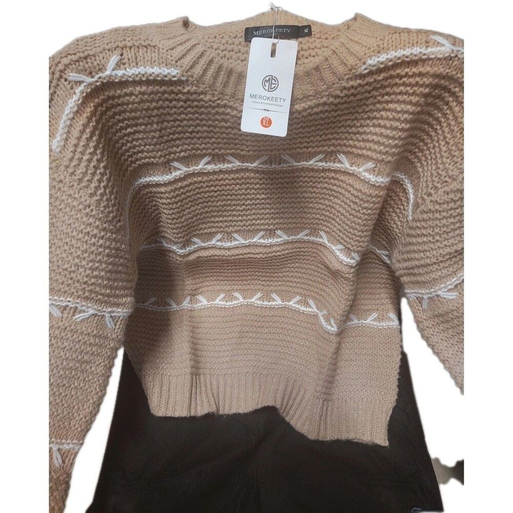 MEROKEETY Women's 2024 Long Sleeve Crew Neck Tops Casual Chunky Khaki XL US16
